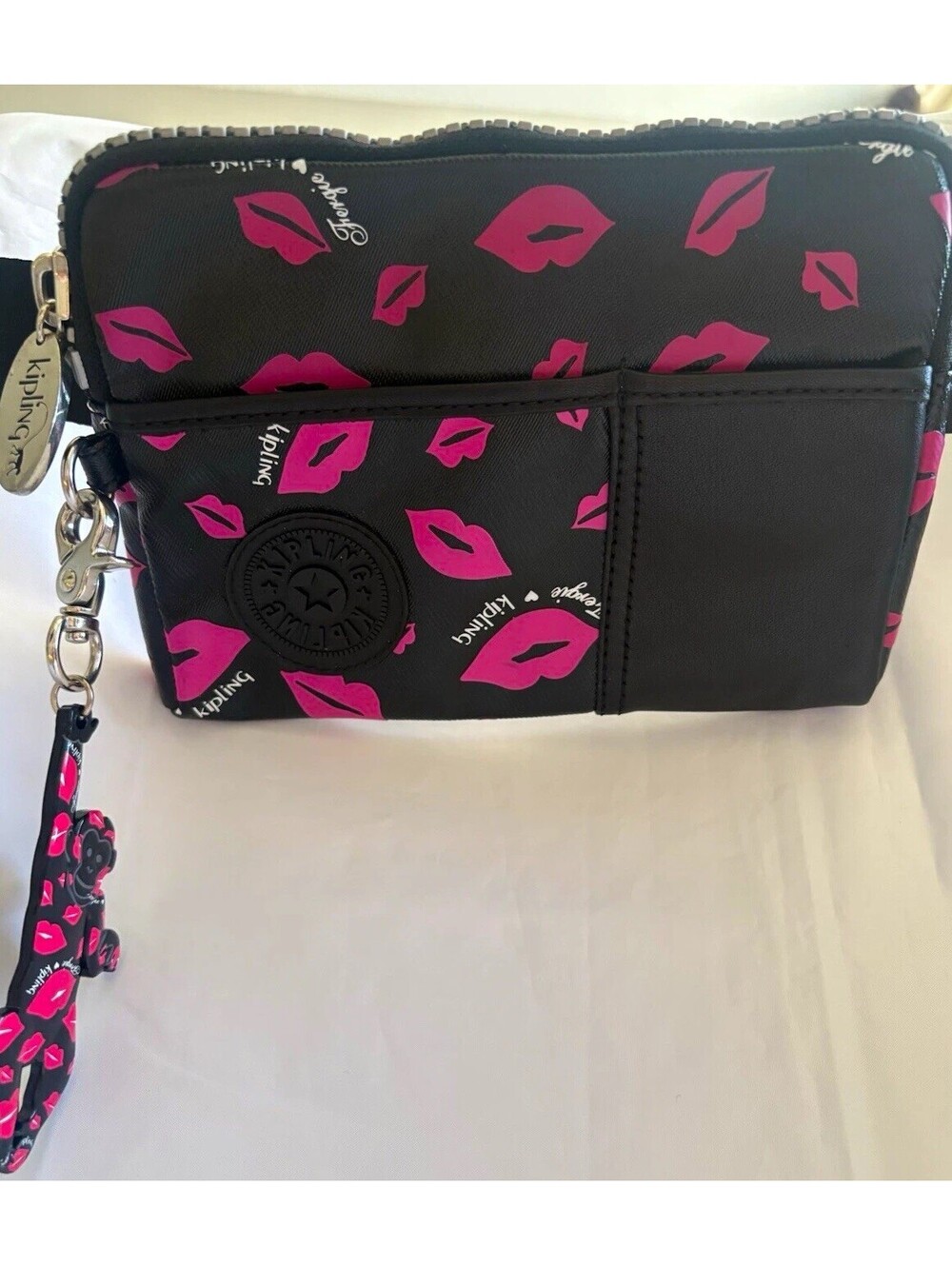 Kipling Black/Pink Lips Print Zip-Around Folding Wallet w/ Chain Monkey